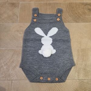 Gray Easter Knit Baby Romper with Bunny Design